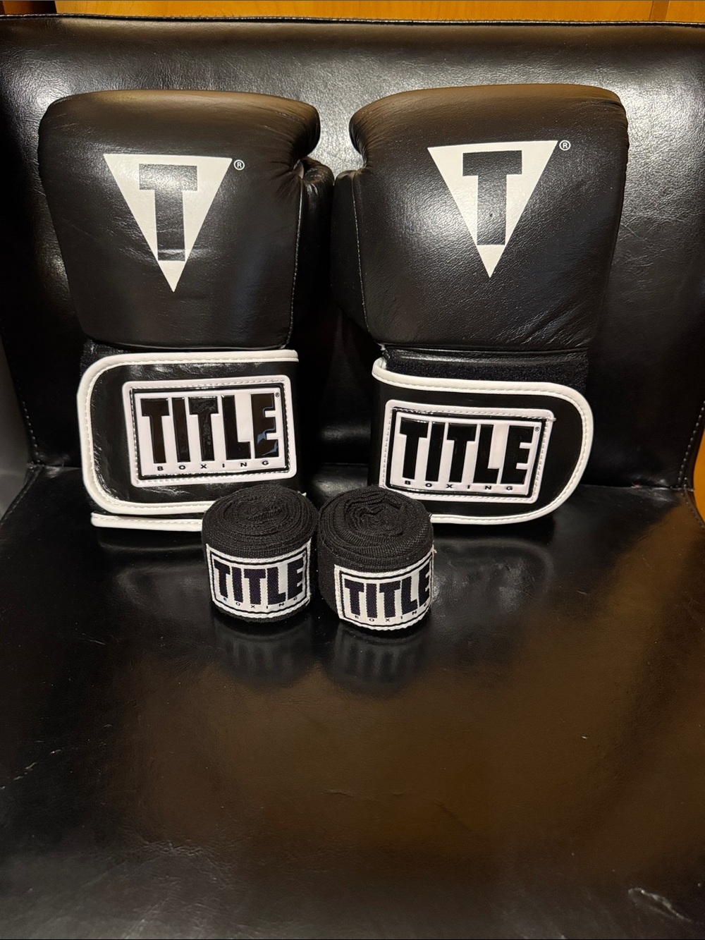 TITLE Boxing Black and White pro leather Training Gloves and wraps
